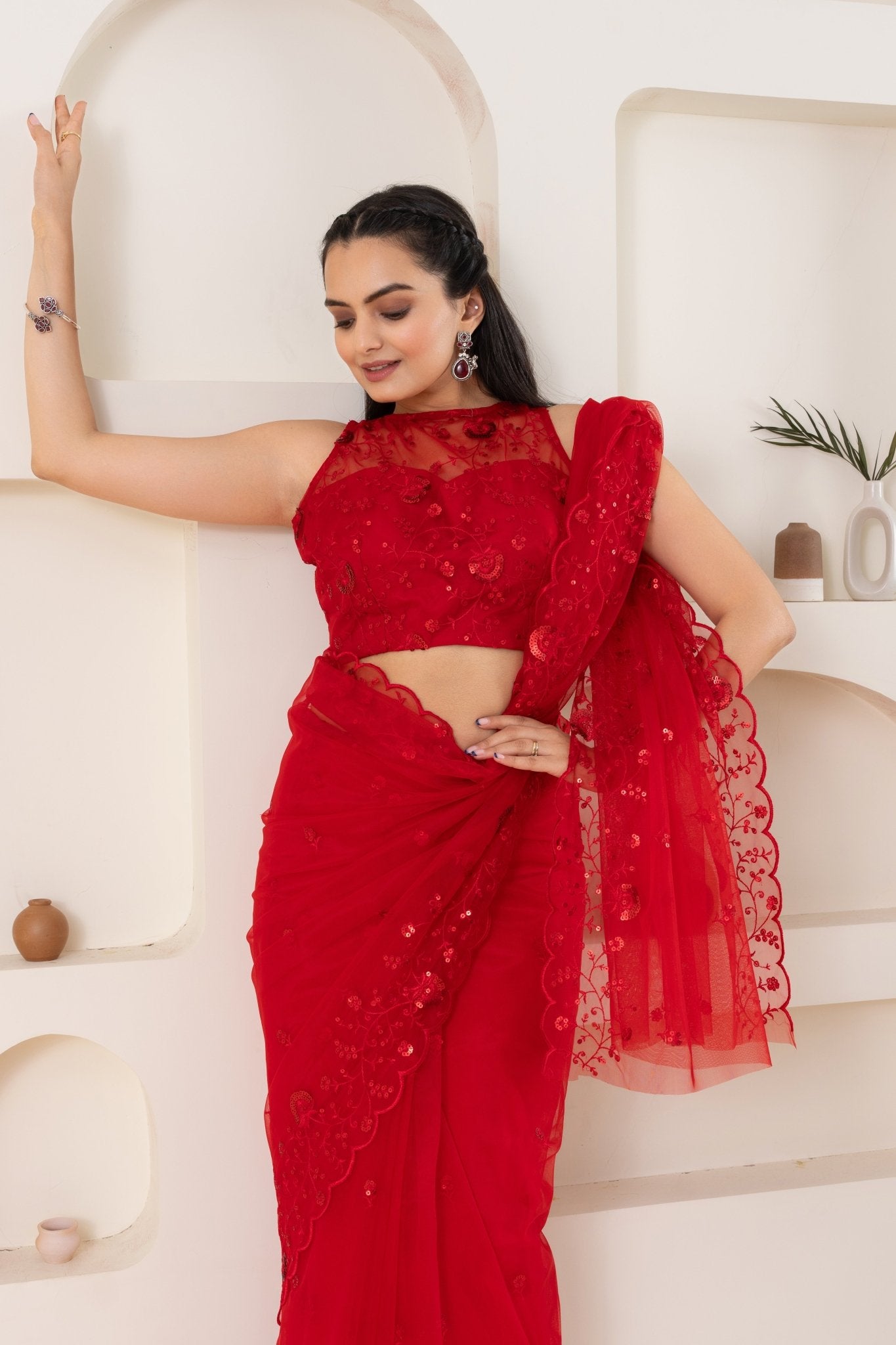 Red Embroidery Saree Set (Saree With Blouse Piece) - doeraa