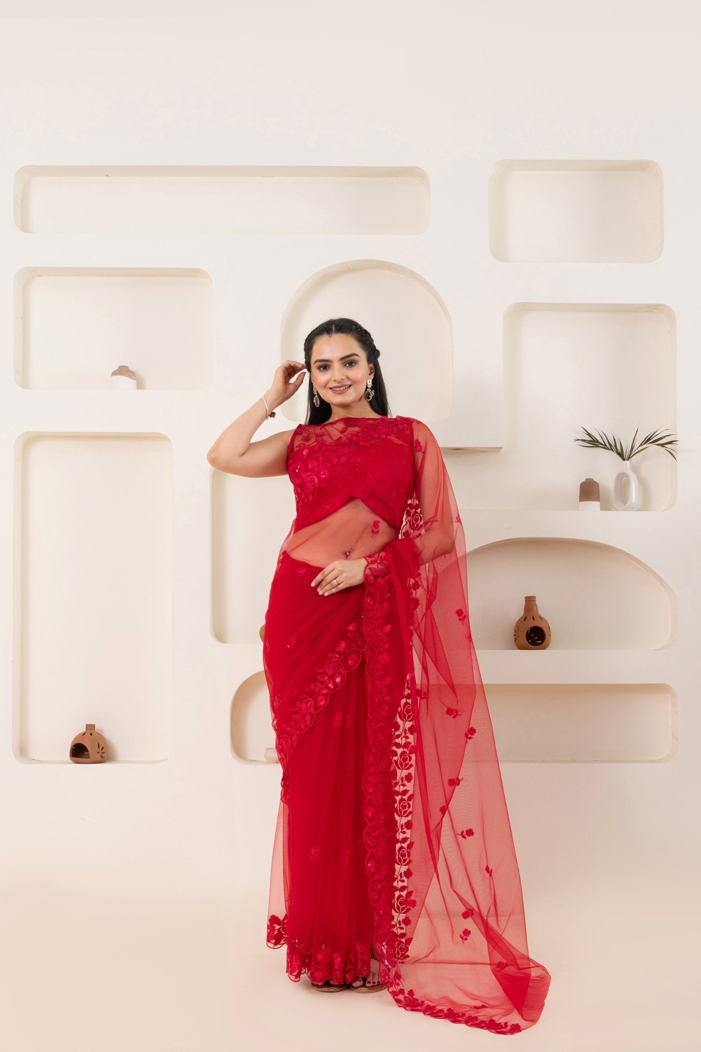 Red Embroidery Saree Set (Saree With Blouse Piece) - doeraa