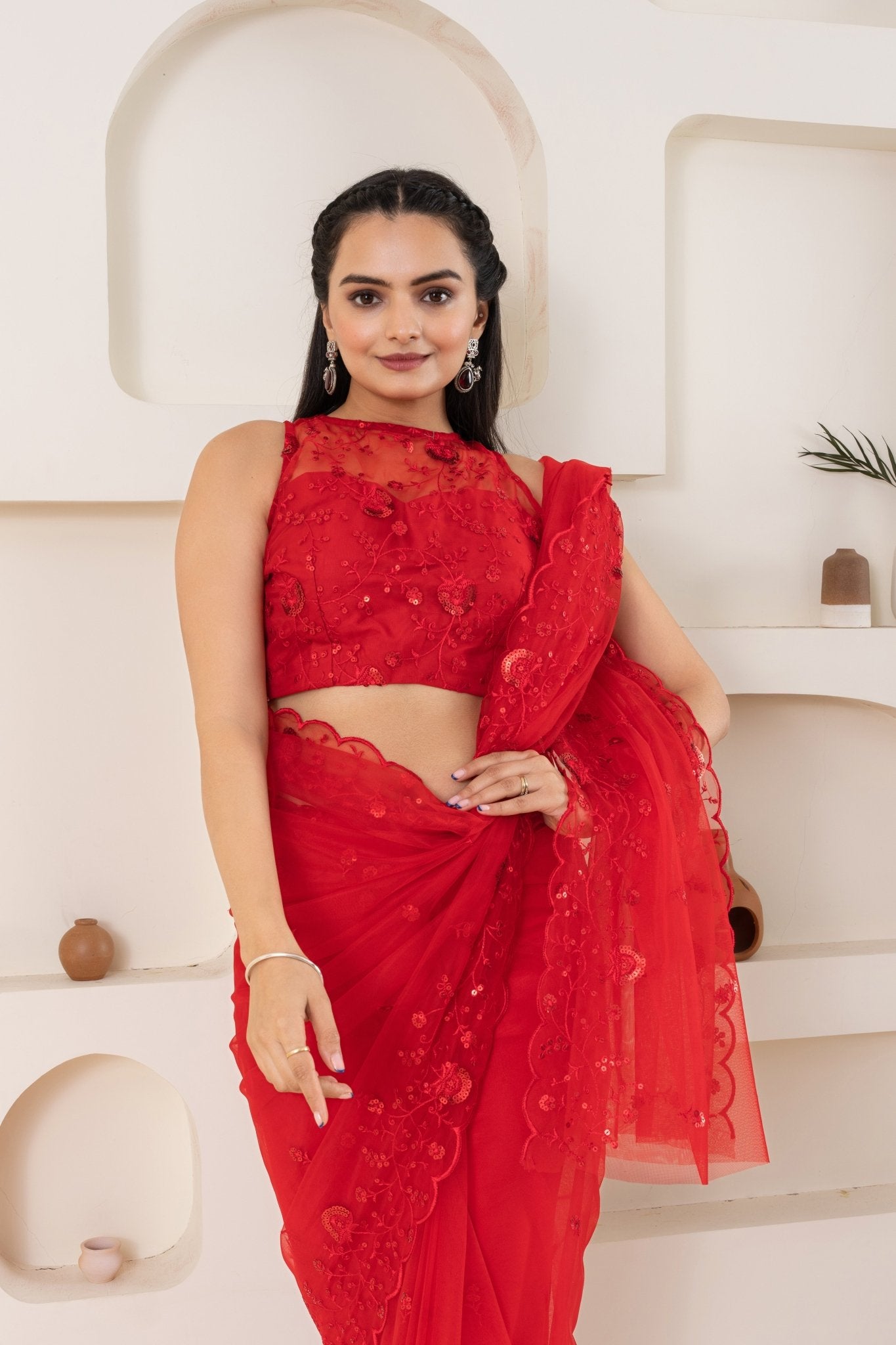 Red Embroidery Saree Set (Saree With Blouse Piece) - doeraa