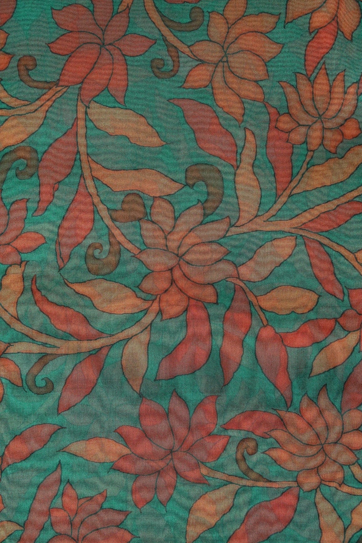 Red Floral Digital Print On Rama Organza Fabric - doeraa