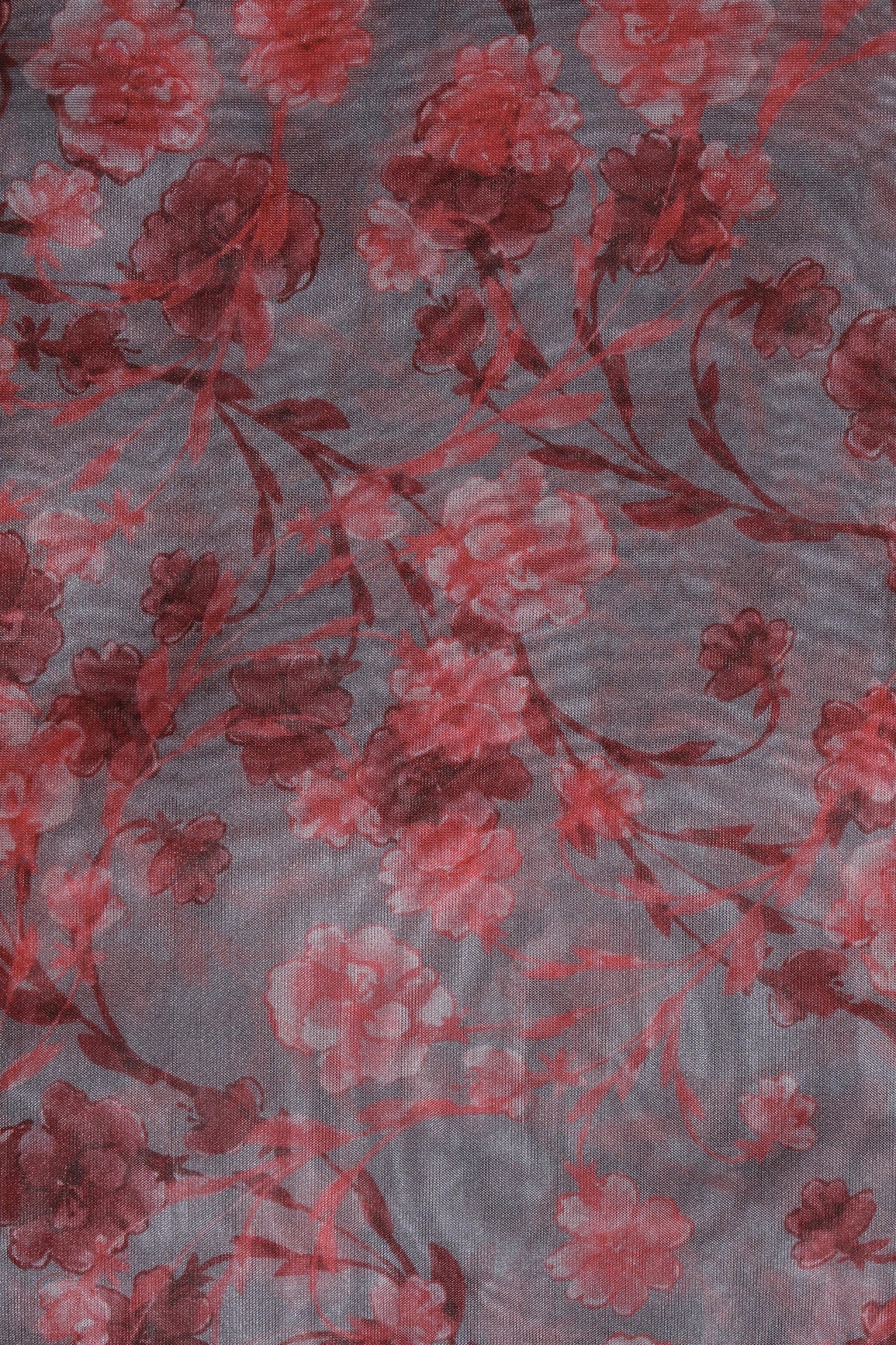 Red Floral Pattern Digital Print On Grey Organza Fabric - doeraa