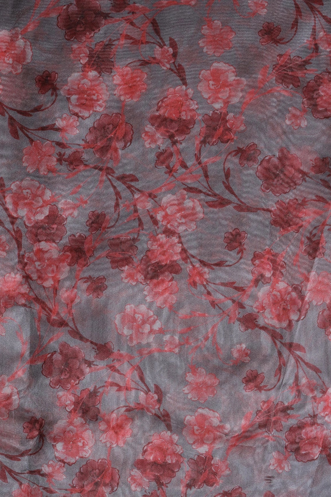 Red Floral Pattern Digital Print On Grey Organza Fabric - doeraa