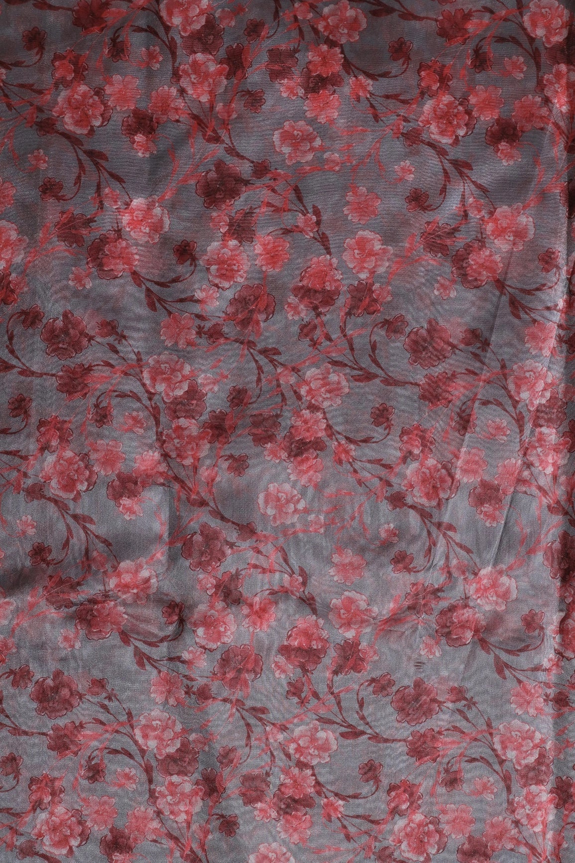Red Floral Pattern Digital Print On Grey Organza Fabric - doeraa