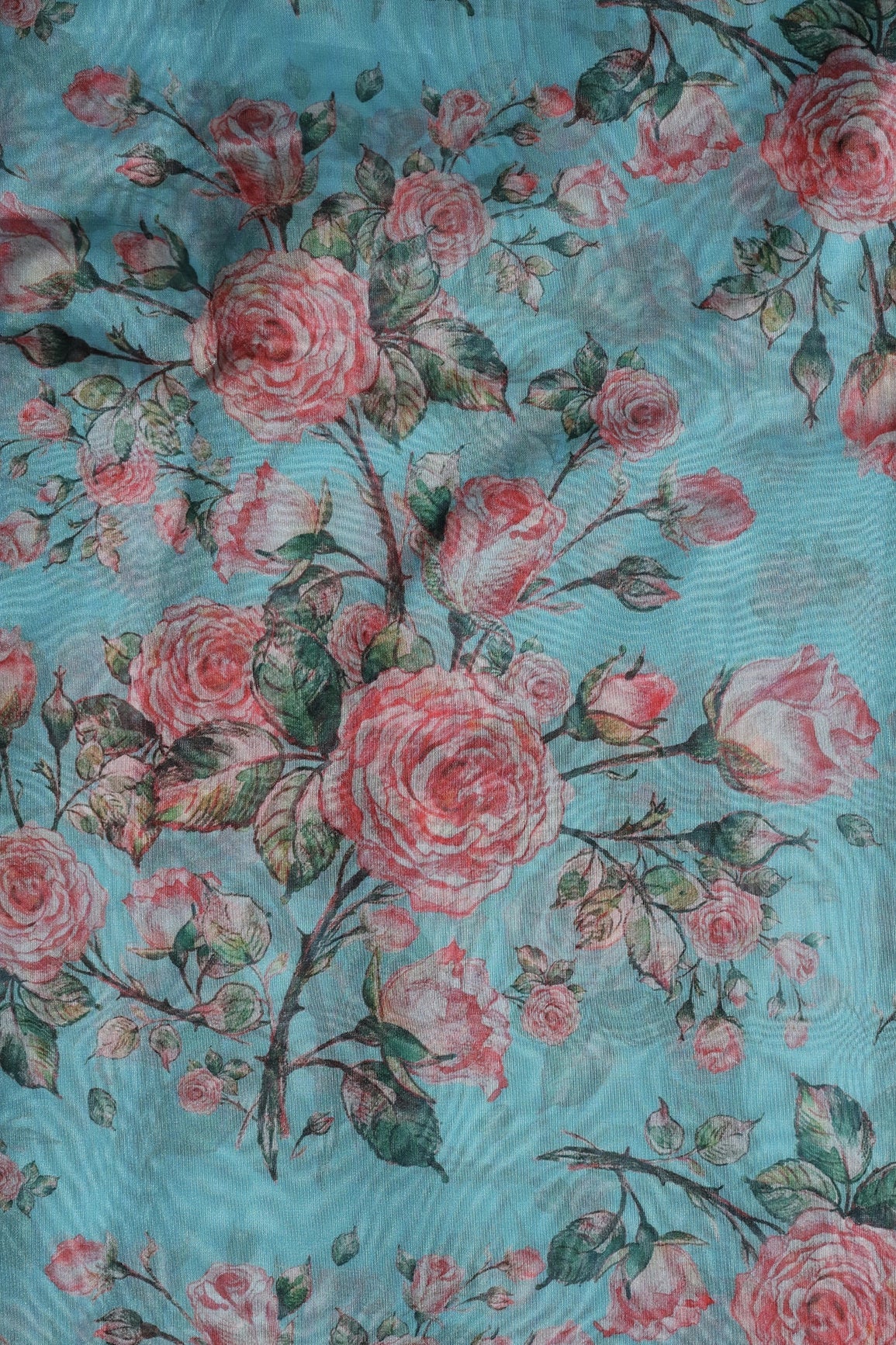 Red Floral Pattern Digital Print On Sky Blue Organza Fabric - doeraa