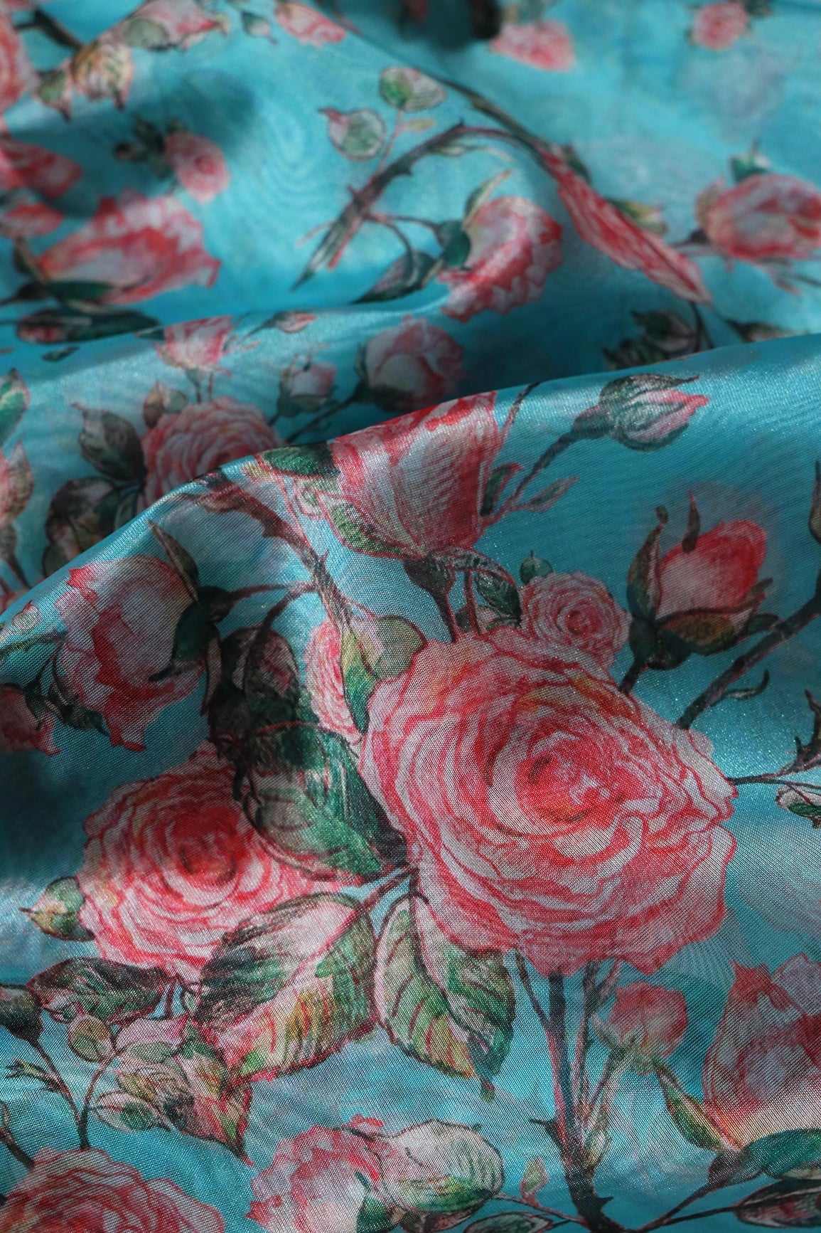 Red Floral Pattern Digital Print On Sky Blue Organza Fabric - doeraa