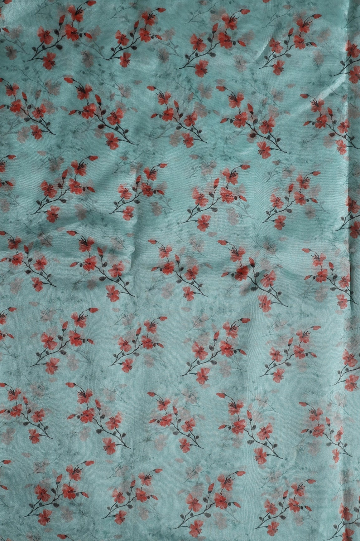 Red Floral Pattern Digital Print On Sky Organza Fabric - doeraa