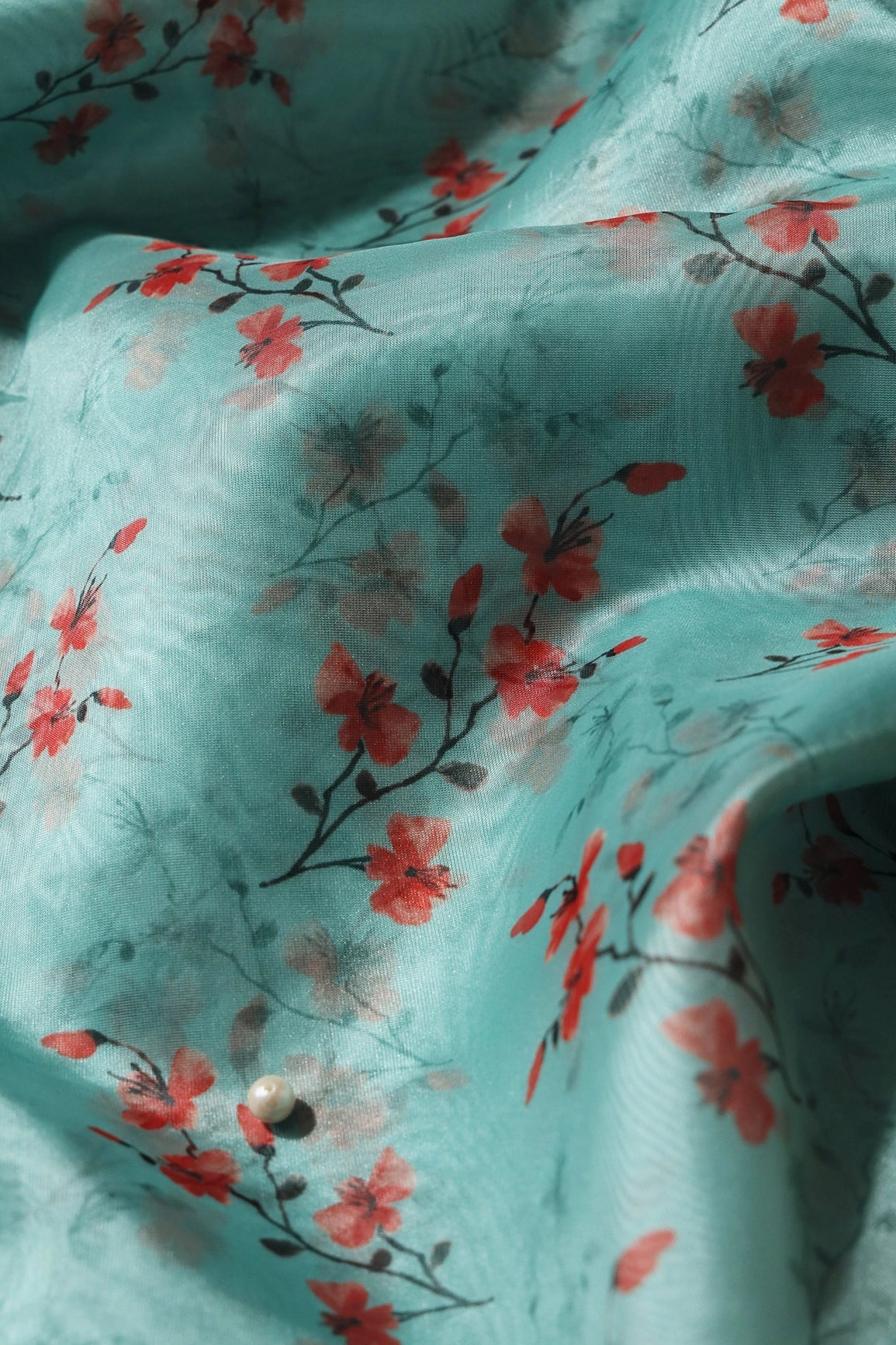 Red Floral Pattern Digital Print On Sky Organza Fabric - doeraa