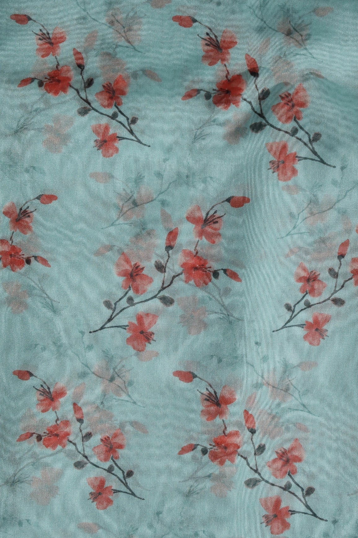 Red Floral Pattern Digital Print On Sky Organza Fabric - doeraa