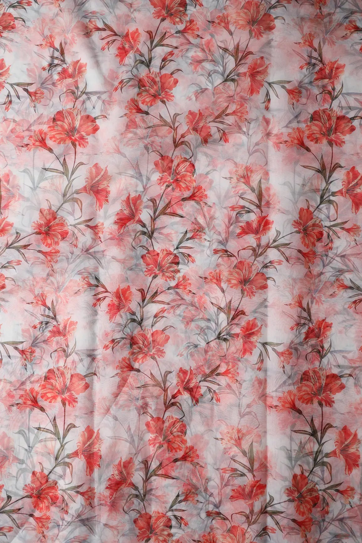 Red Floral Pattern Digital Print On White Organza Fabric - doeraa
