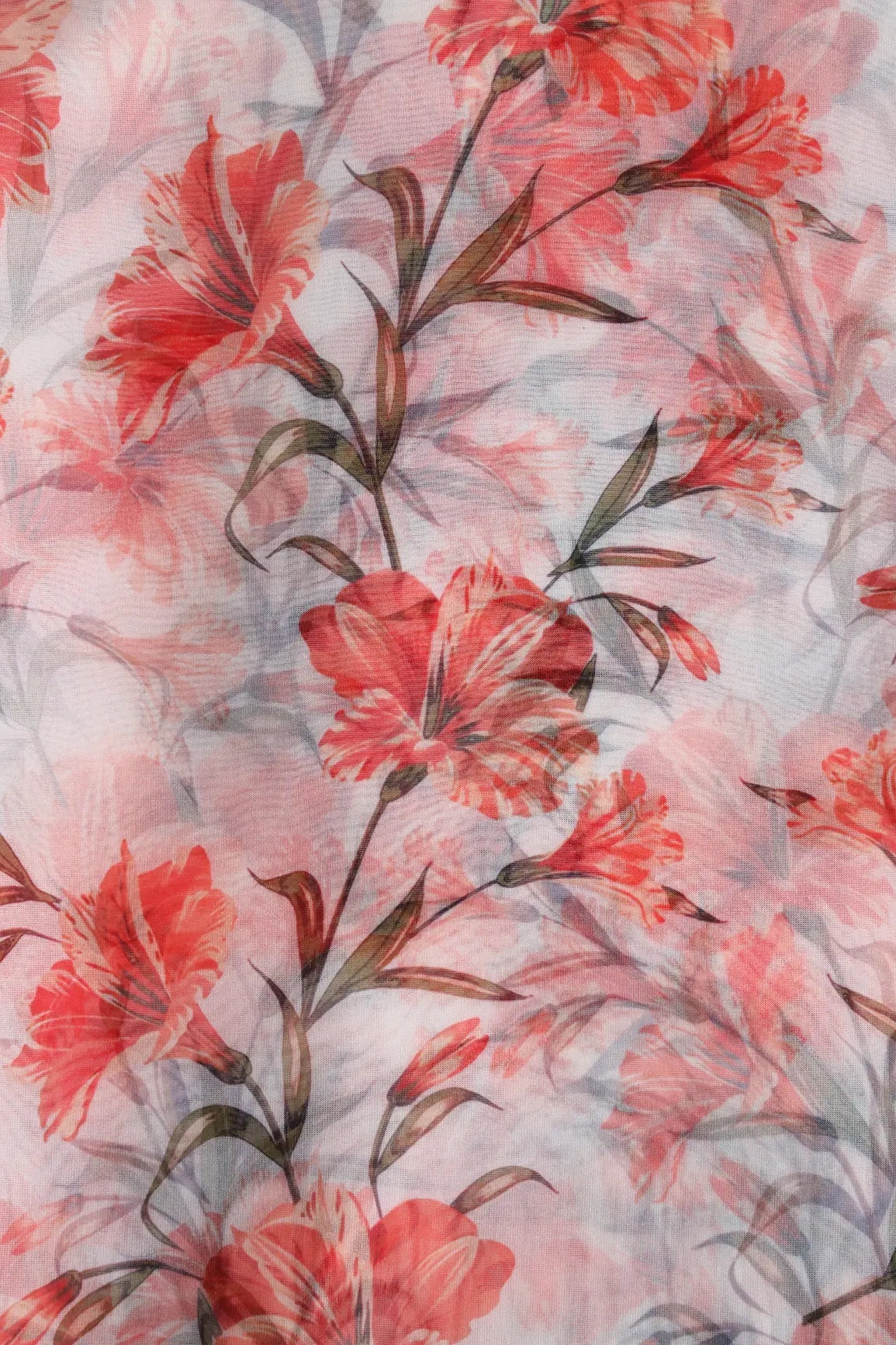 Red Floral Pattern Digital Print On White Organza Fabric - doeraa