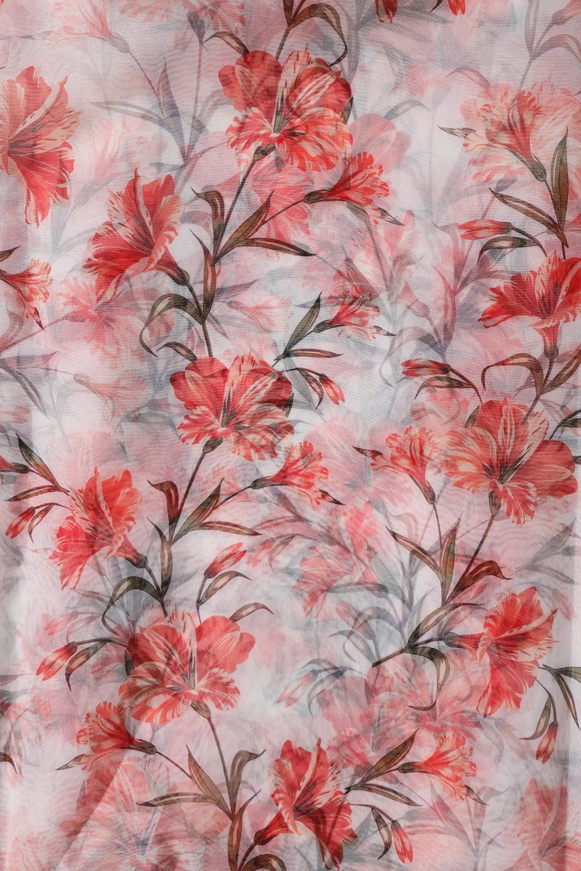 Red Floral Pattern Digital Print On White Organza Fabric - doeraa