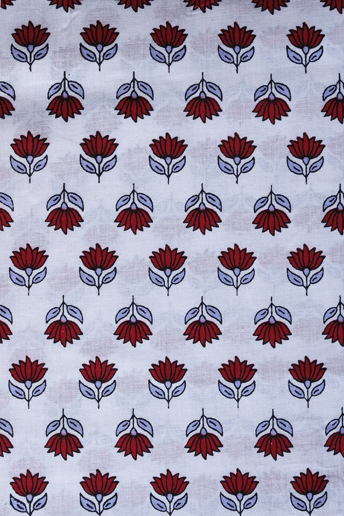 Red Floral Pattern Print On White Pure Cotton Fabric - doeraa