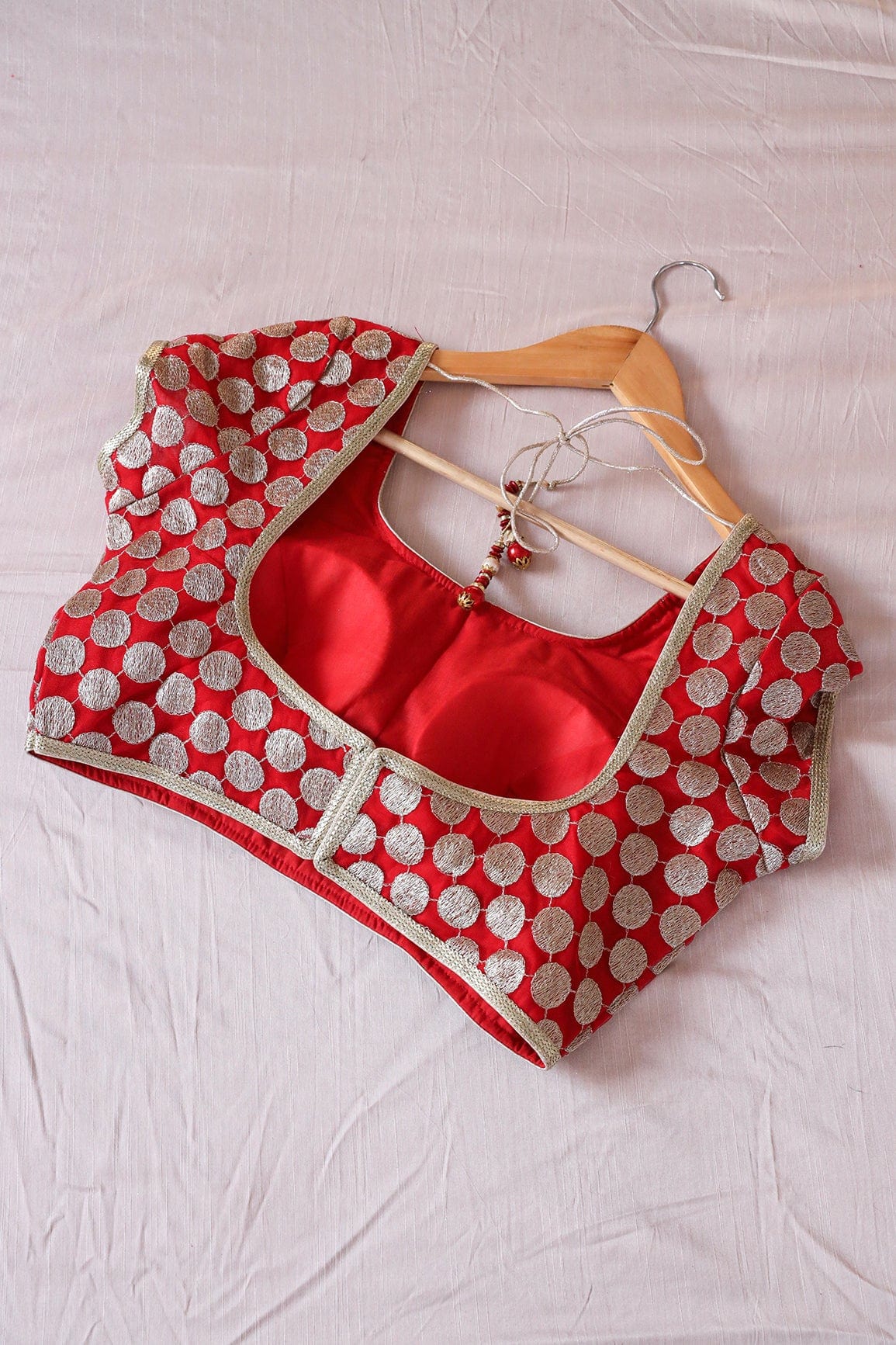 Red Gold Zari Embroidery Net Stitched Blouse - doeraa