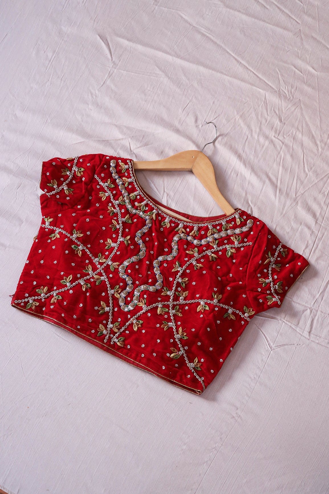 Red Hand Work Emboidery Velvet Stitched Blouse - doeraa