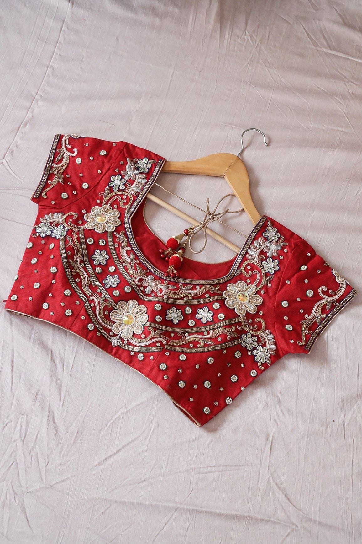 Red Hand Work Embroidery Net Stitched Blouse - doeraa