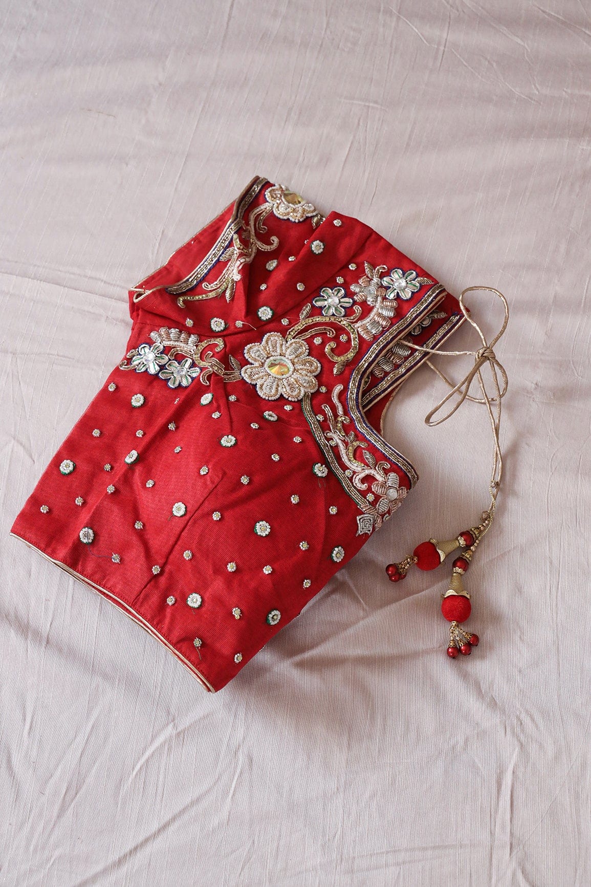 Red Hand Work Embroidery Net Stitched Blouse - doeraa