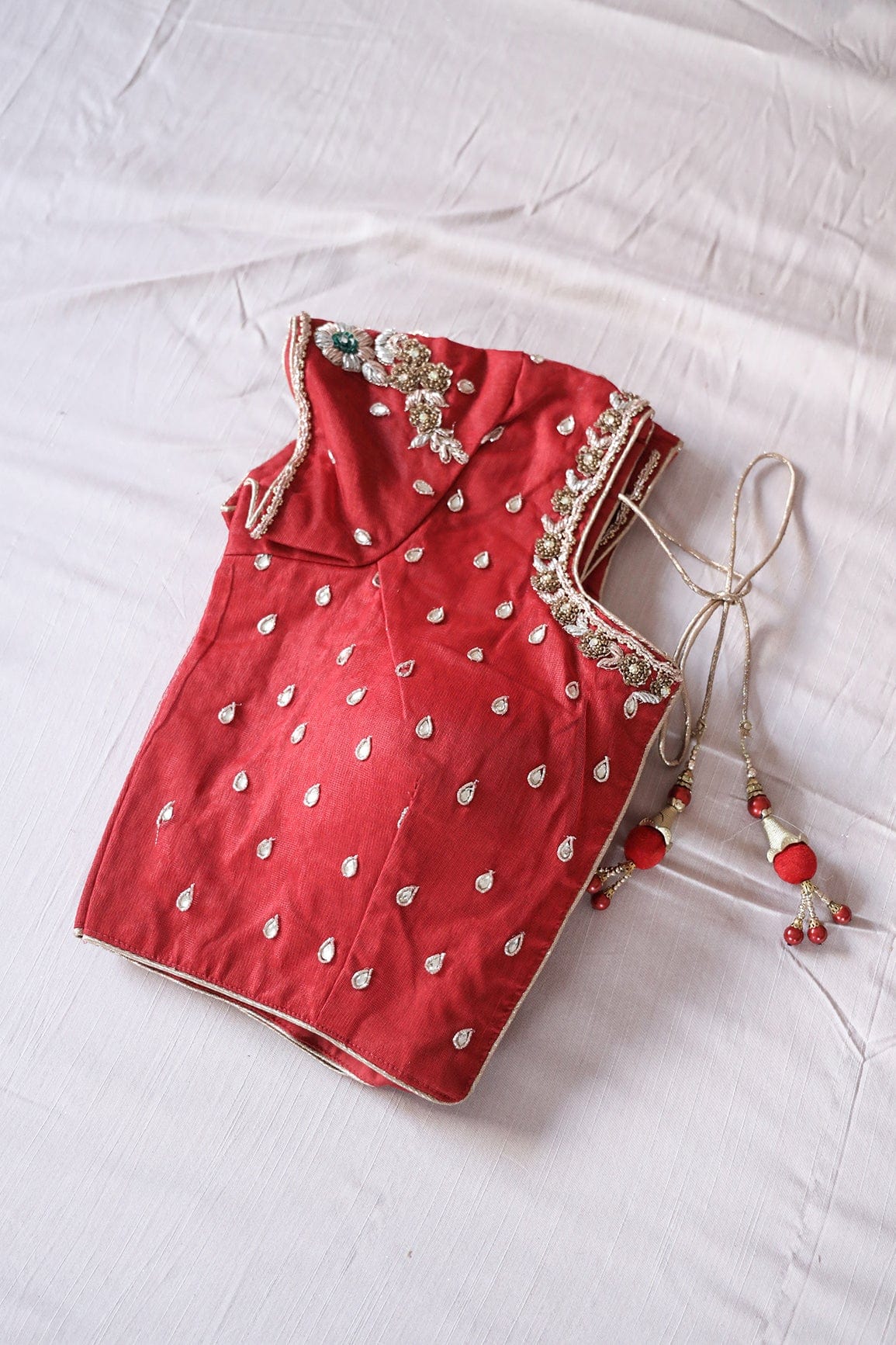Red Hand Work Embroidery Net Stitched Blouse - doeraa