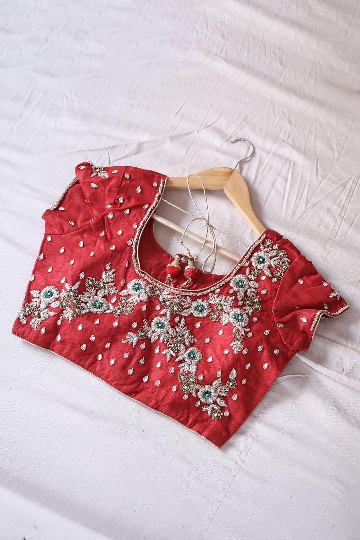 Red Hand Work Embroidery Net Stitched Blouse - doeraa