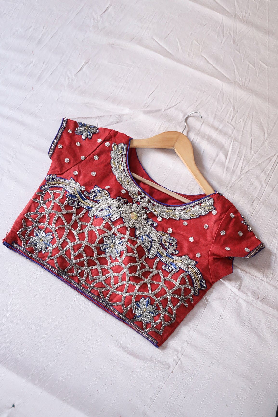 Red Hand Work Embroidery Net Stitched Blouse - doeraa