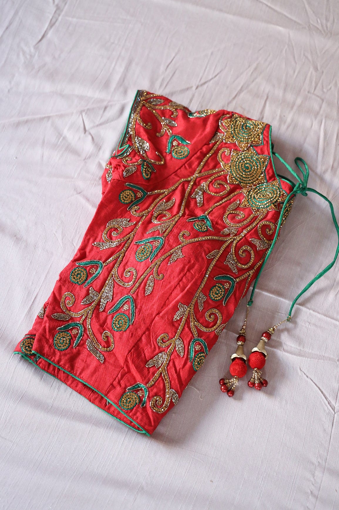 Red Hand Work Embroidery Raw Silk Stitched Blouse - doeraa