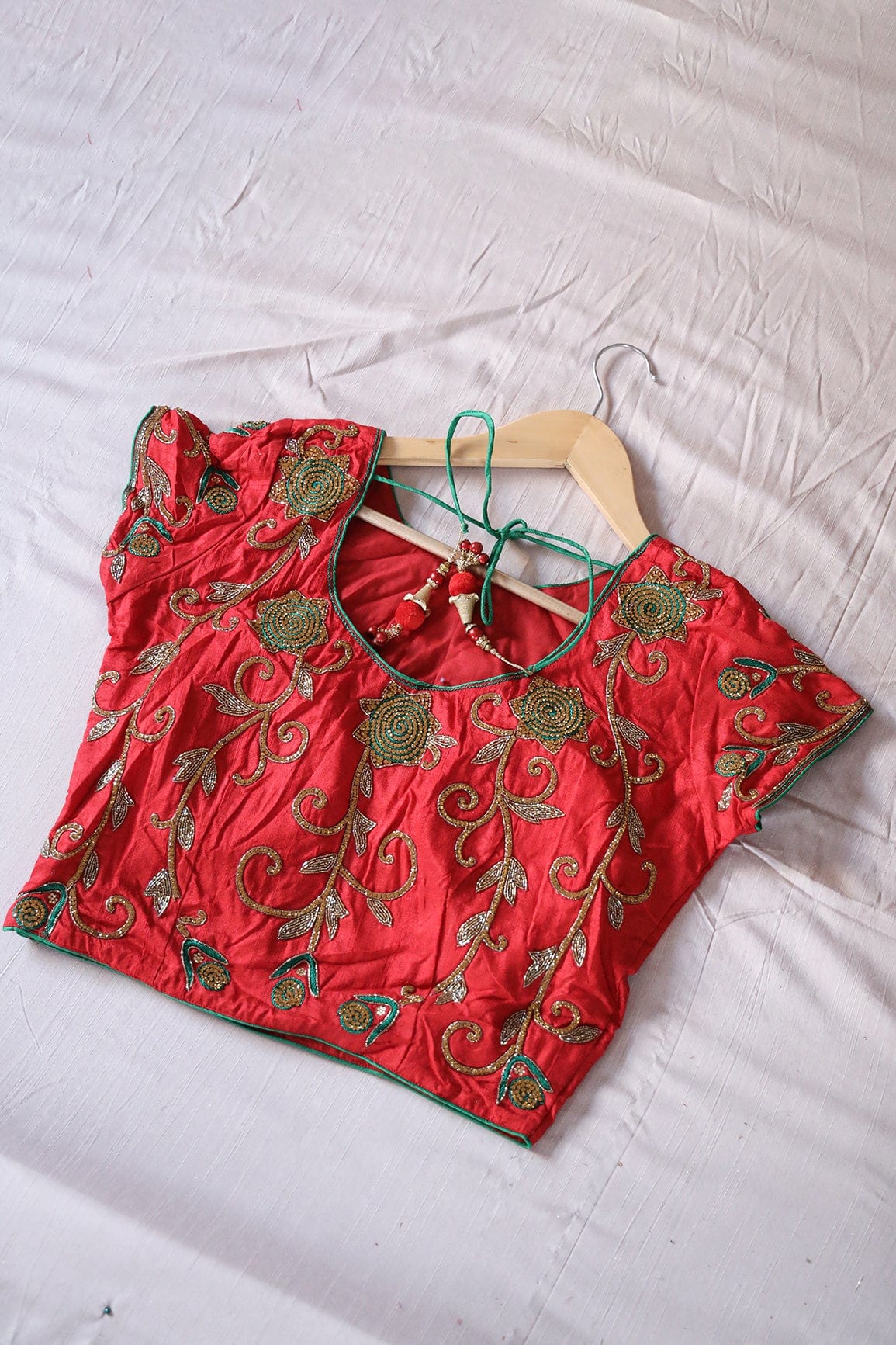 Red Hand Work Embroidery Raw Silk Stitched Blouse - doeraa