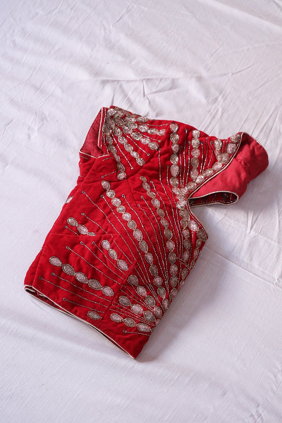 Red Hand Work Embroidery Velvet Stitched Blouse - doeraa
