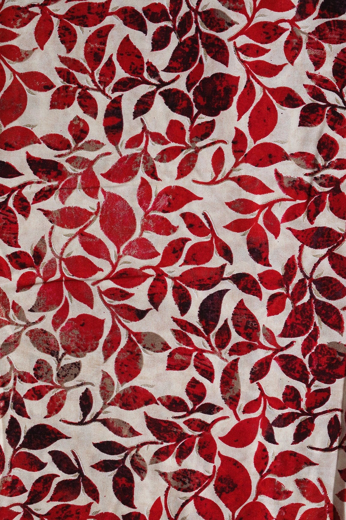 Red Leafy Pattern With Foil Print On Off White Pure Rayon Fabric - doeraa