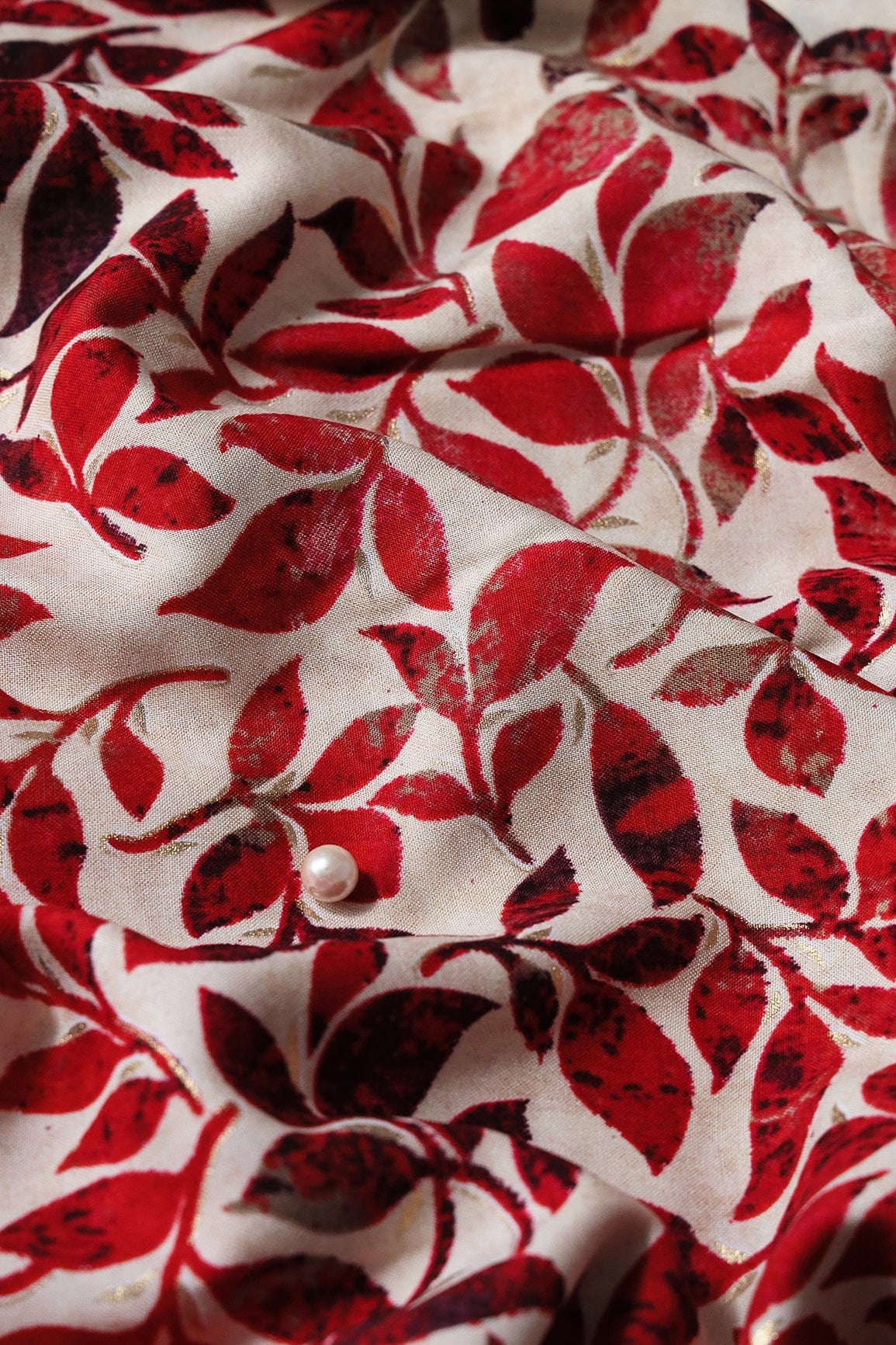 Red Leafy Pattern With Foil Print On Off White Pure Rayon Fabric - doeraa