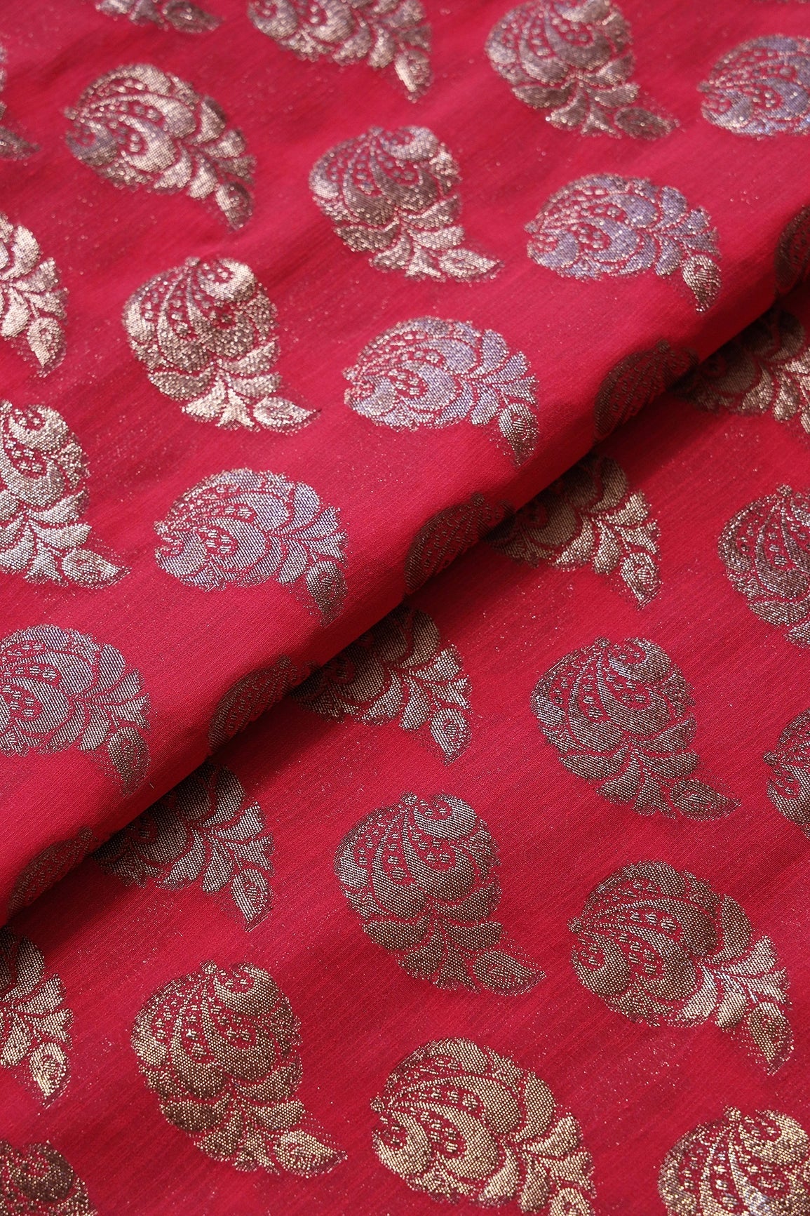 Red Leafy Pure Taspa Lurex Banarasi Silk Jacquard Fabric