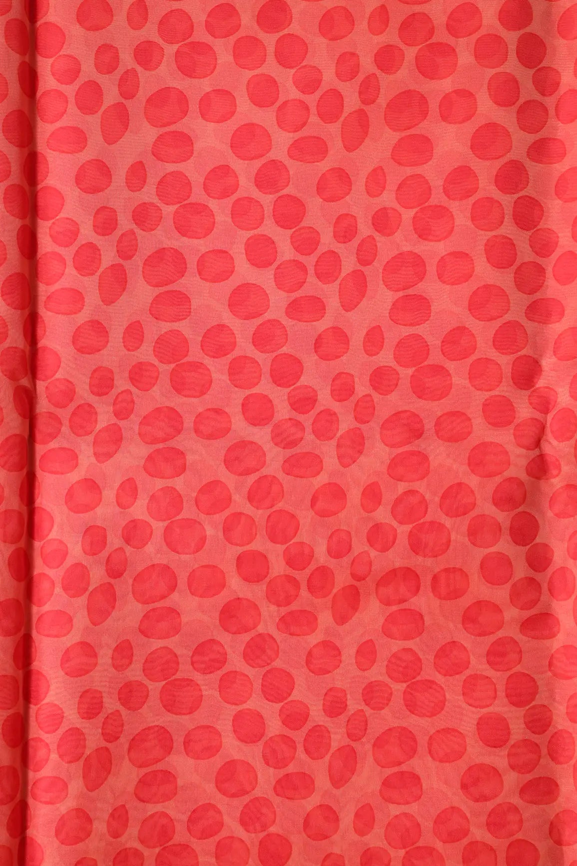 Red Polka Pattern Digital Print On Light Peach Organza Fabric - doeraa