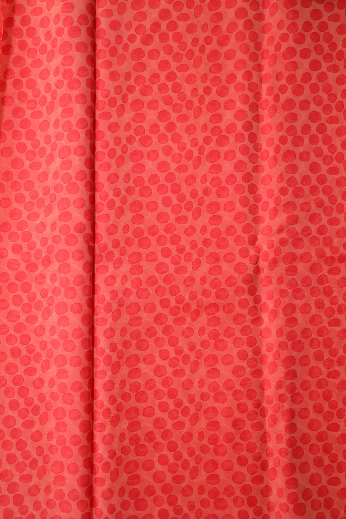 Red Polka Pattern Digital Print On Light Peach Organza Fabric - doeraa