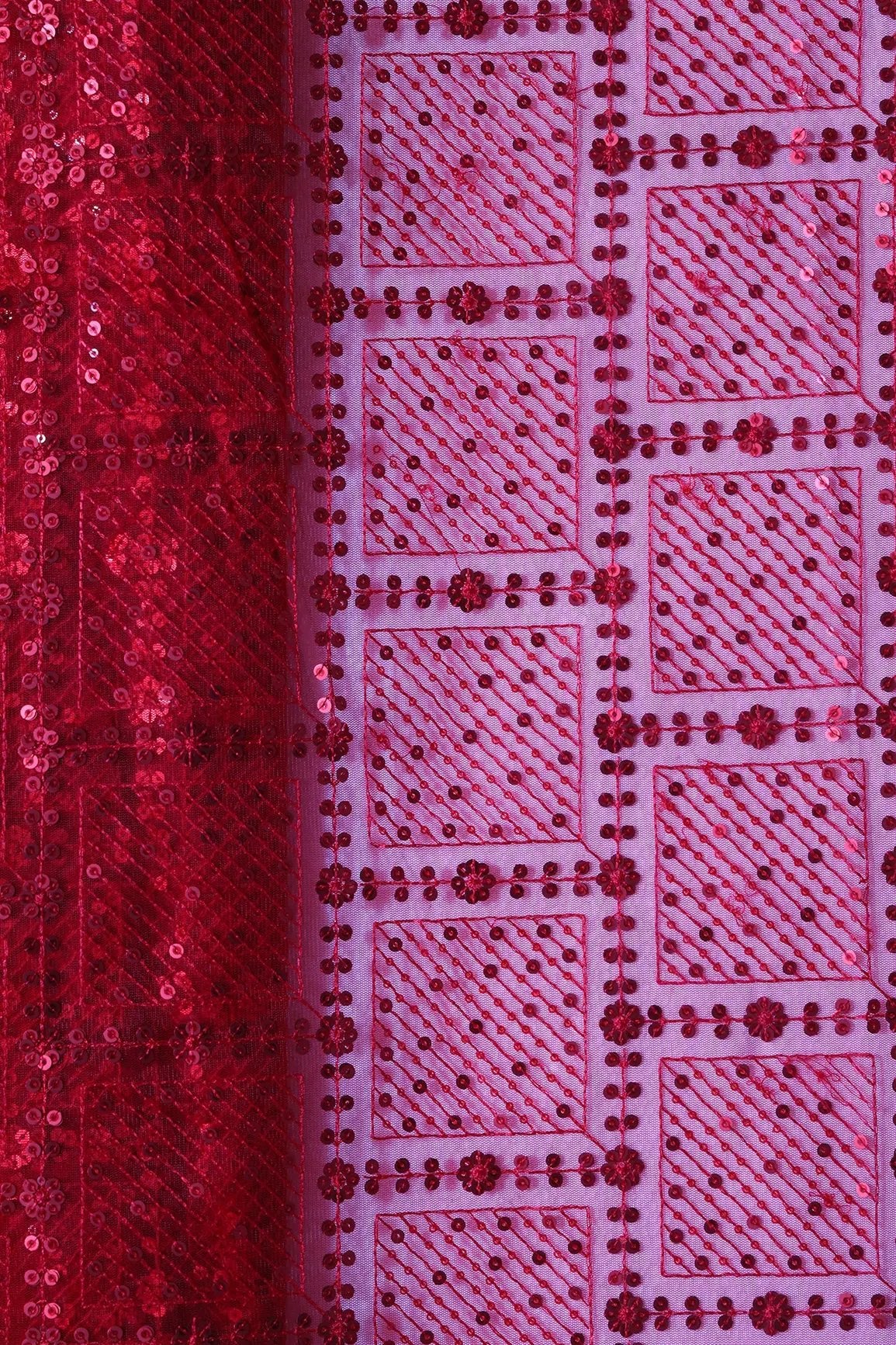 Red Sequins Checks Embroidery On Red Soft Net Fabric - doeraa