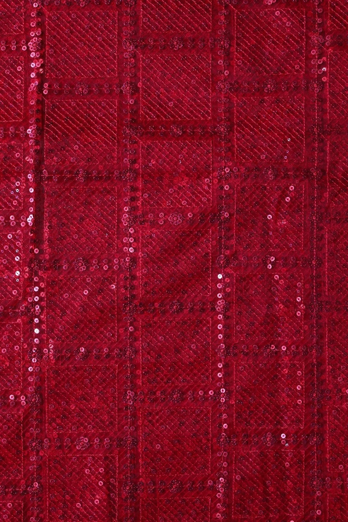 Red Sequins Checks Embroidery On Red Soft Net Fabric - doeraa