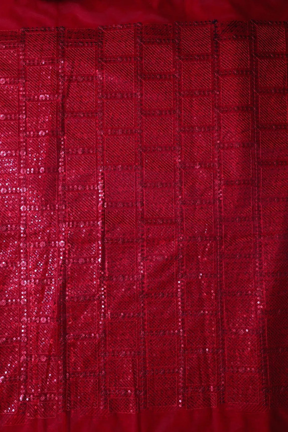 Red Sequins Checks Embroidery On Red Soft Net Fabric - doeraa