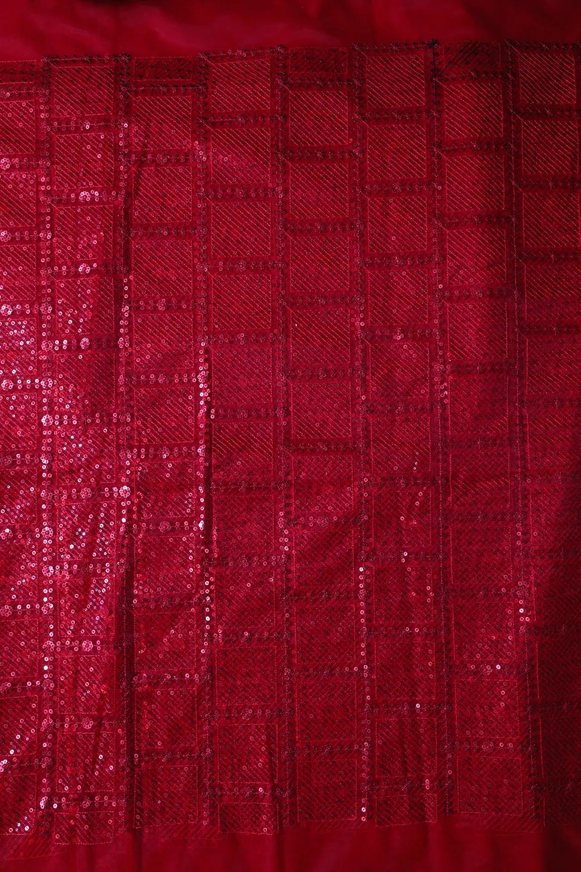 Red Sequins Checks Embroidery On Red Soft Net Fabric - doeraa