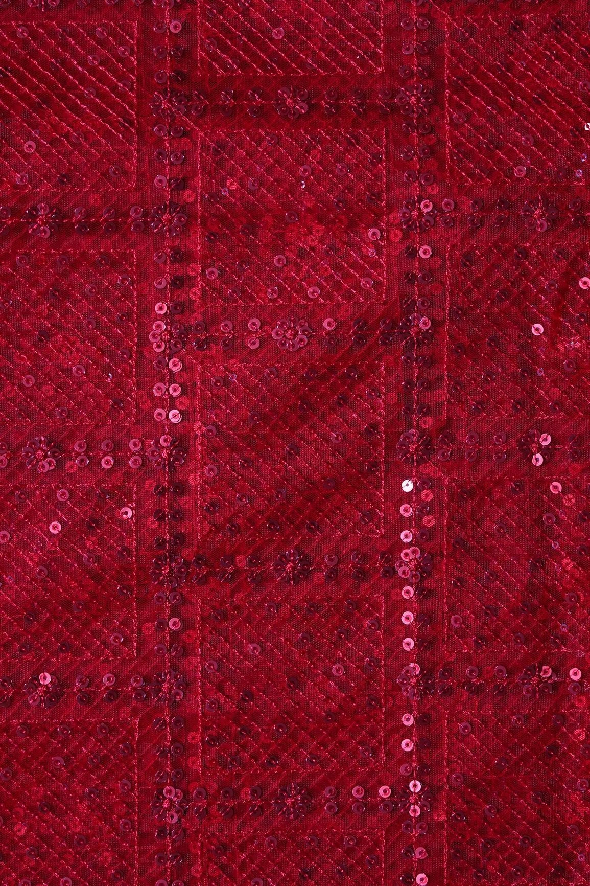 Red Sequins Checks Embroidery On Red Soft Net Fabric - doeraa