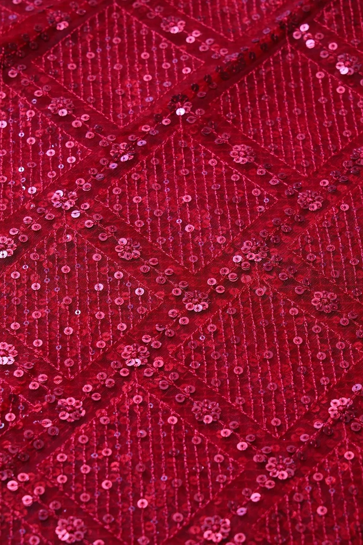 Red Sequins Checks Embroidery On Red Soft Net Fabric - doeraa