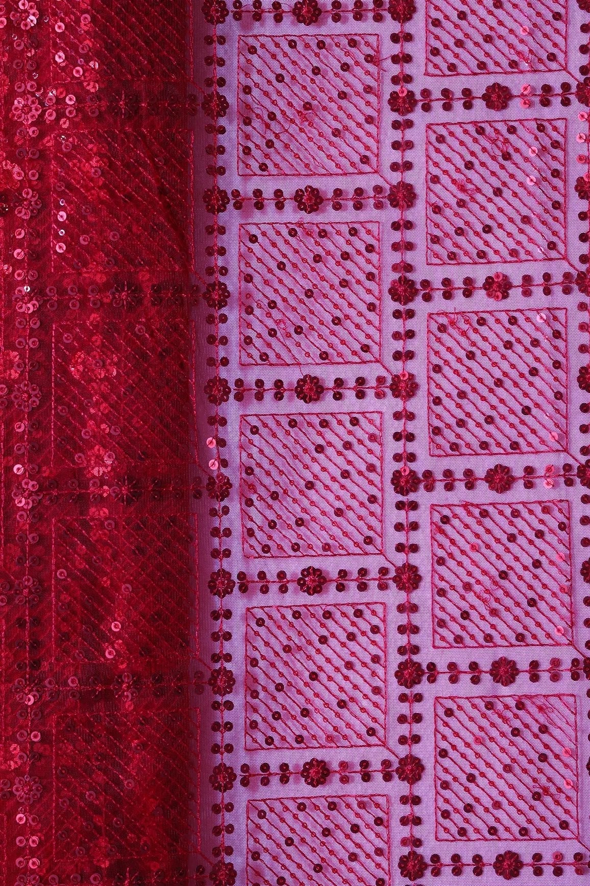 Red Sequins Checks Embroidery On Red Soft Net Fabric - doeraa