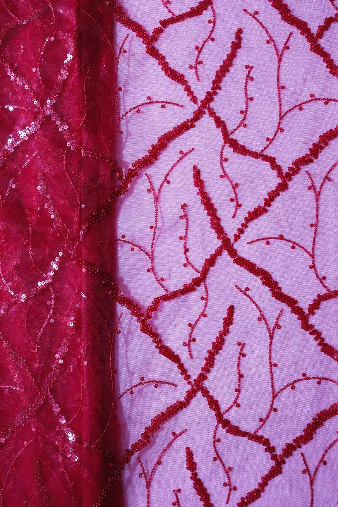 Red Sequins Geometric Embroidery On Cherry Red Soft Net Fabric - doeraa