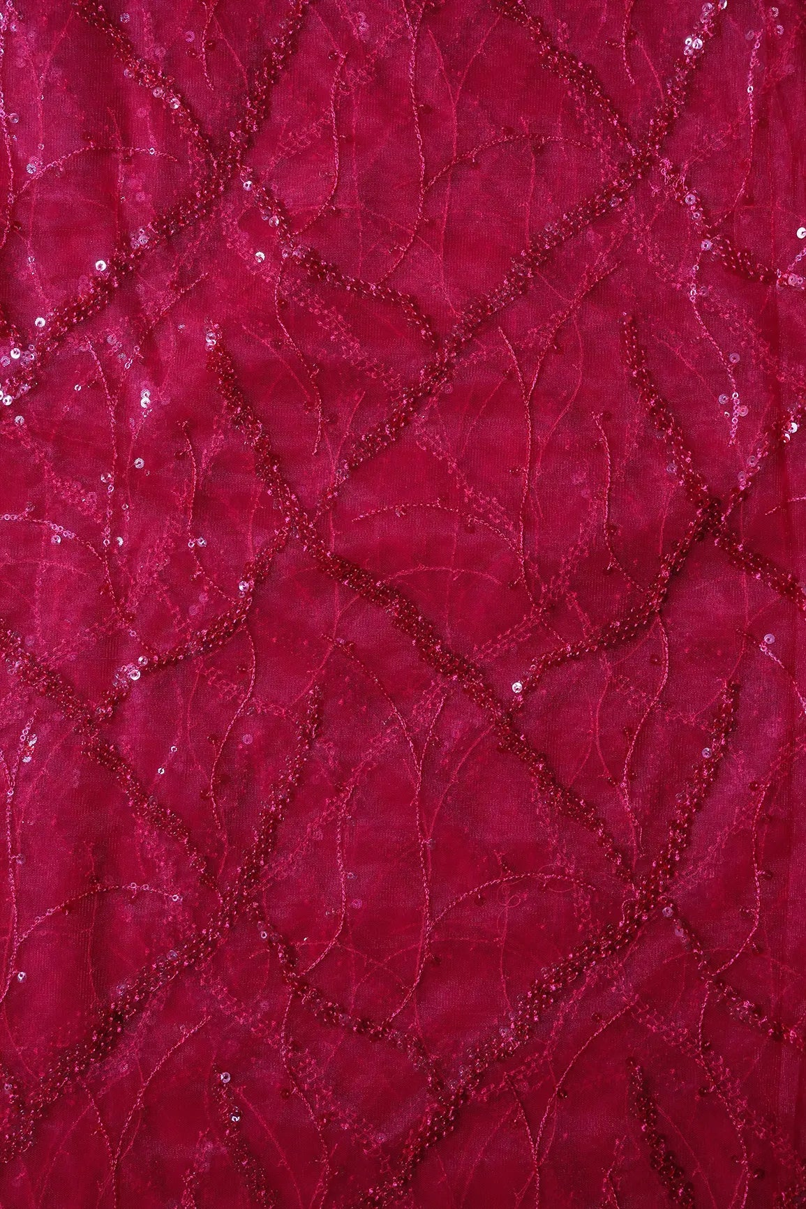 Red Sequins Geometric Embroidery On Cherry Red Soft Net Fabric - doeraa