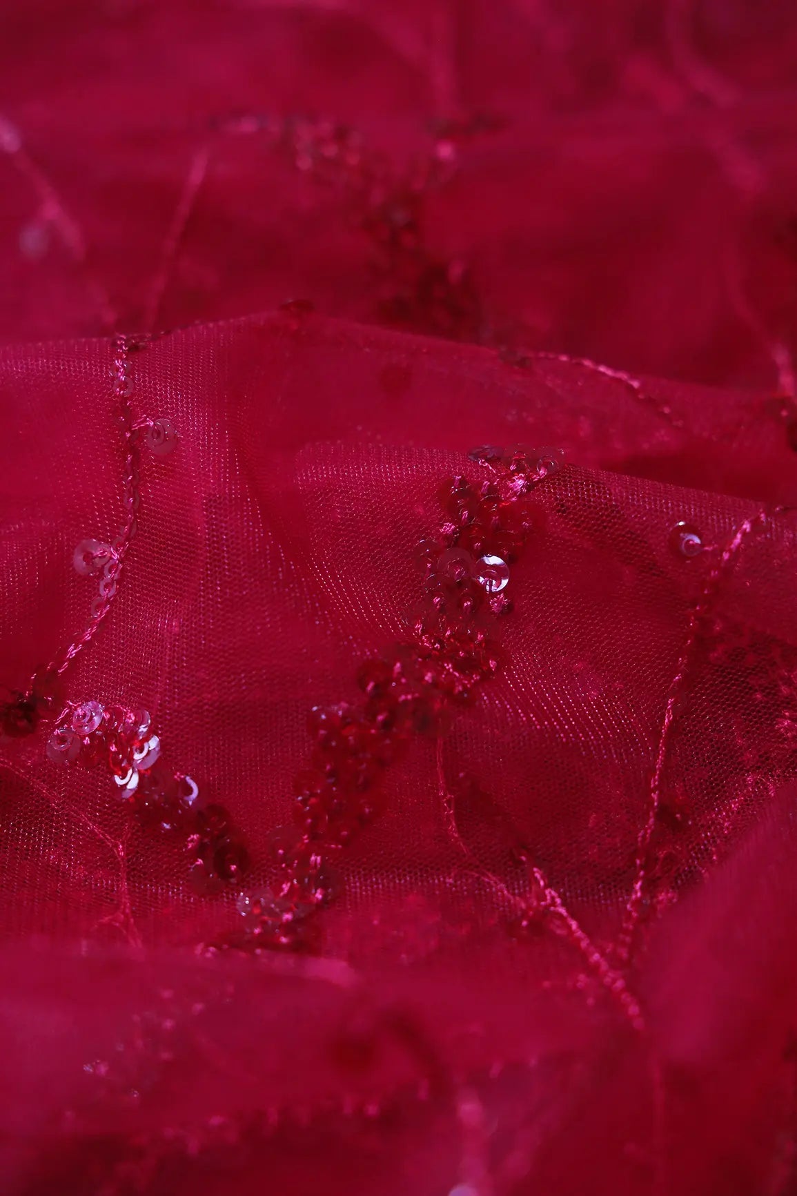 Red Sequins Geometric Embroidery On Cherry Red Soft Net Fabric - doeraa