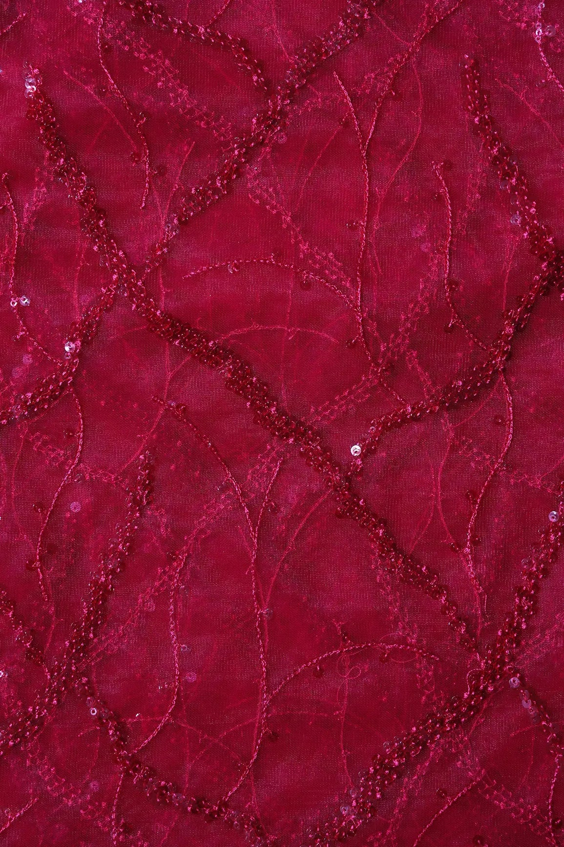 Red Sequins Geometric Embroidery On Cherry Red Soft Net Fabric - doeraa