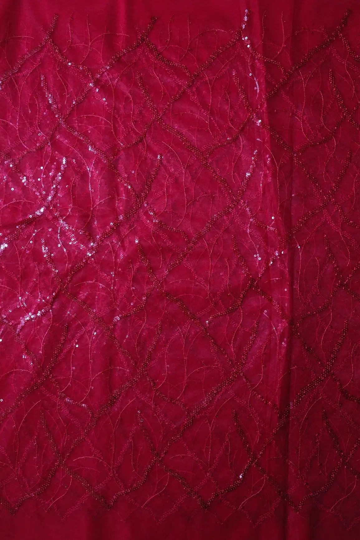 Red Sequins Geometric Embroidery On Cherry Red Soft Net Fabric - doeraa