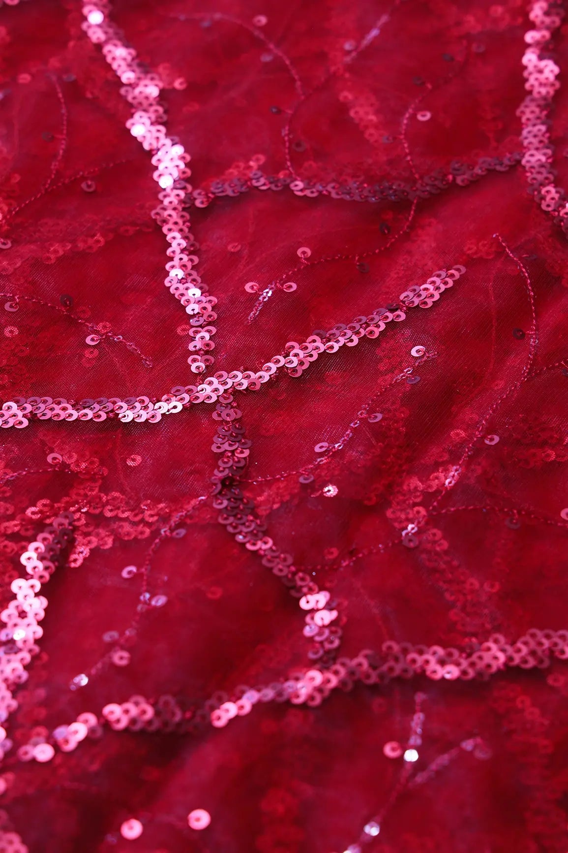 Red Sequins Geometric Embroidery On Red Soft Net Fabric - doeraa