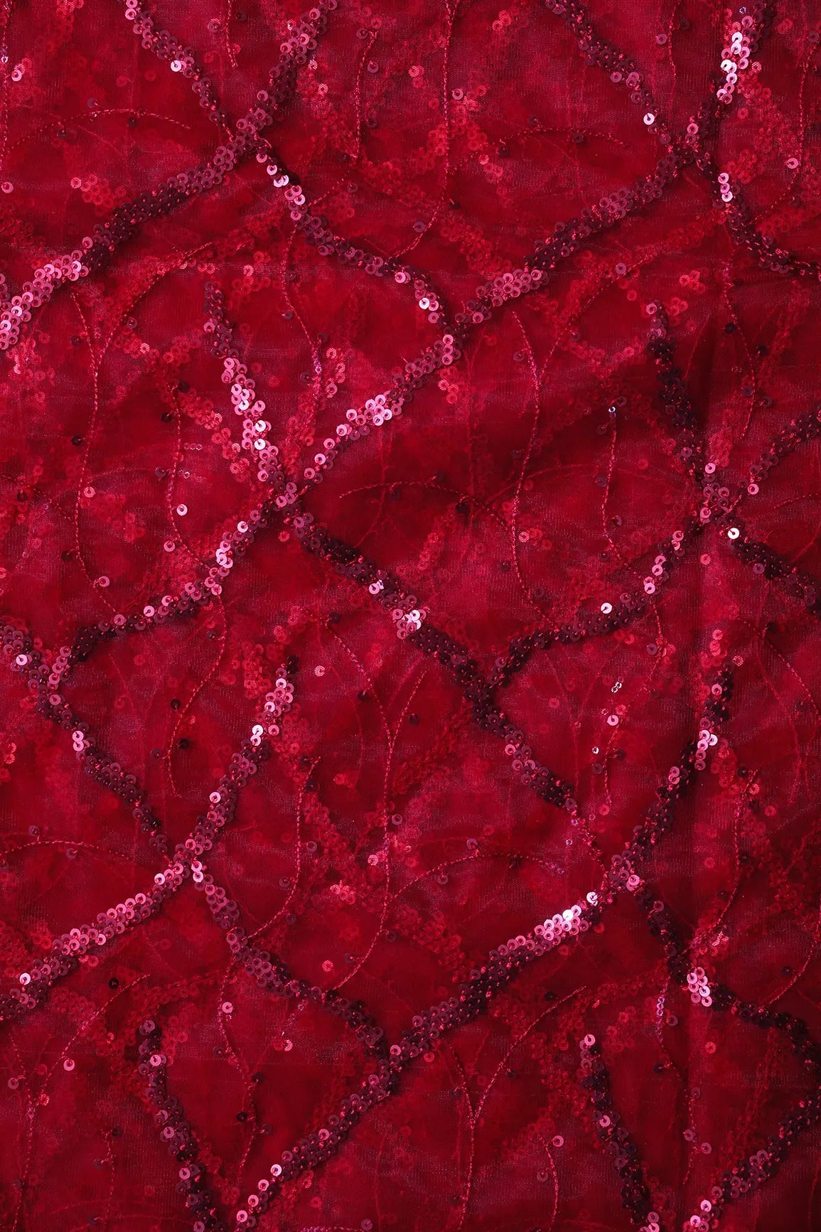 Red Sequins Geometric Embroidery On Red Soft Net Fabric - doeraa