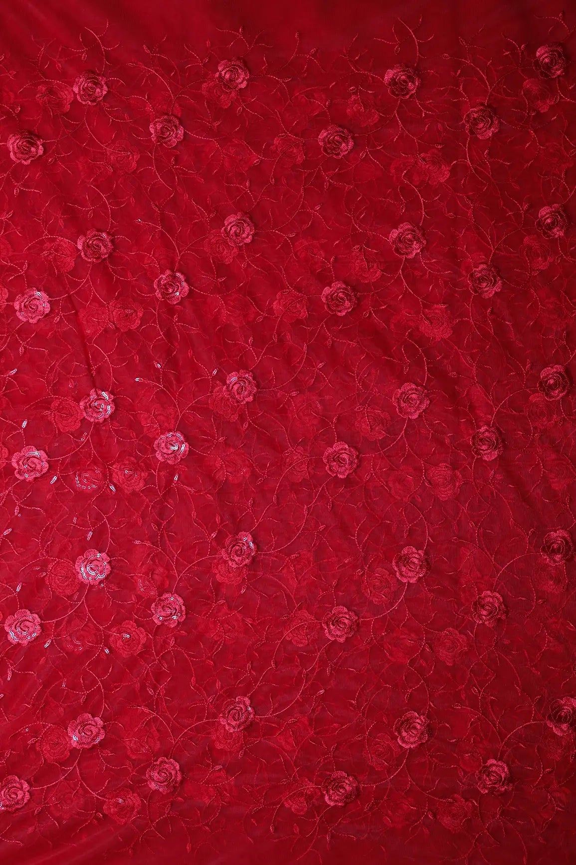 Red Sequins With Red Thread Floral Embroidery On Red Soft Net Fabric - doeraa