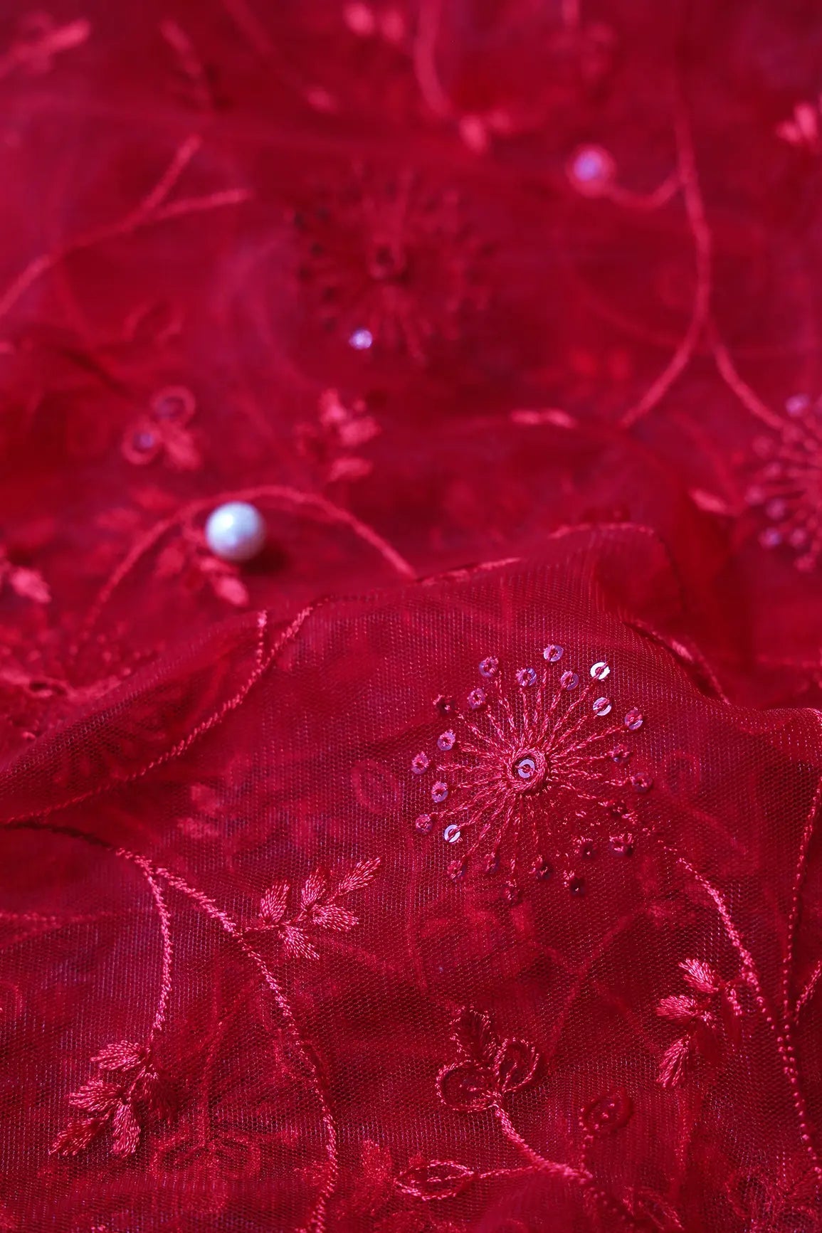 Red Sequins With Red Thread Floral Embroidery On Red Soft Net Fabric - doeraa