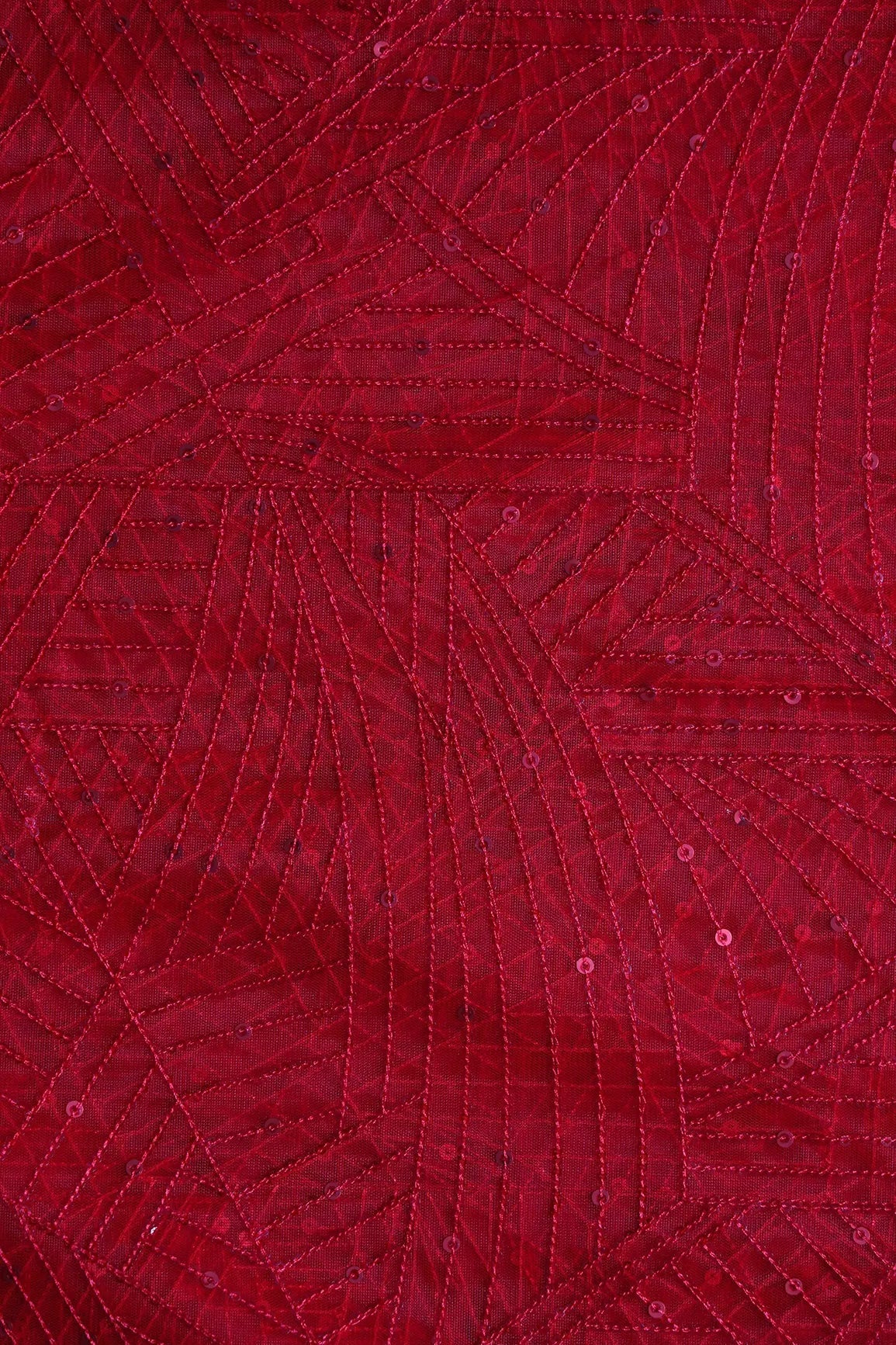 Red Small Sequins Geometric Embroidery On Red Soft Net Fabric - doeraa