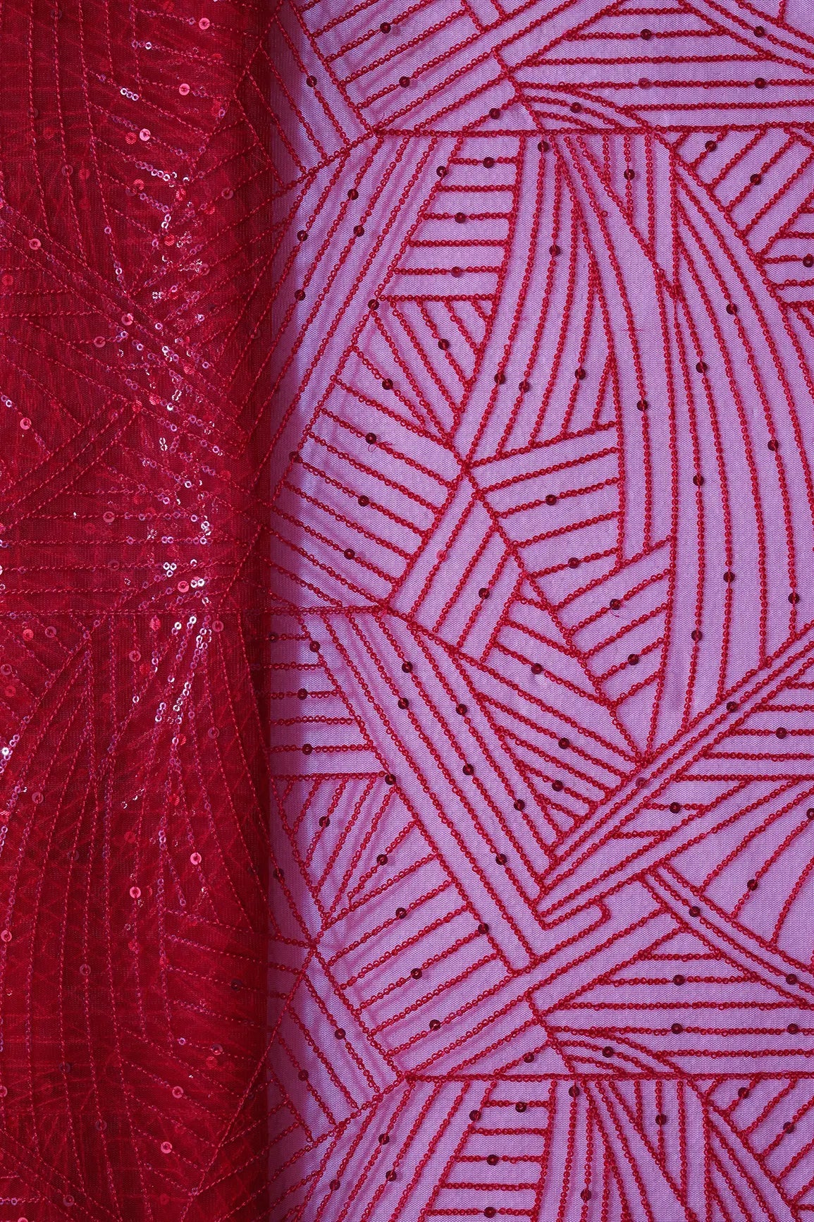 Red Small Sequins Geometric Embroidery On Red Soft Net Fabric - doeraa