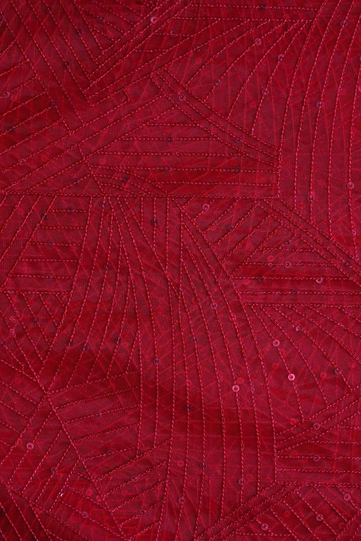 Red Small Sequins Geometric Embroidery On Red Soft Net Fabric - doeraa
